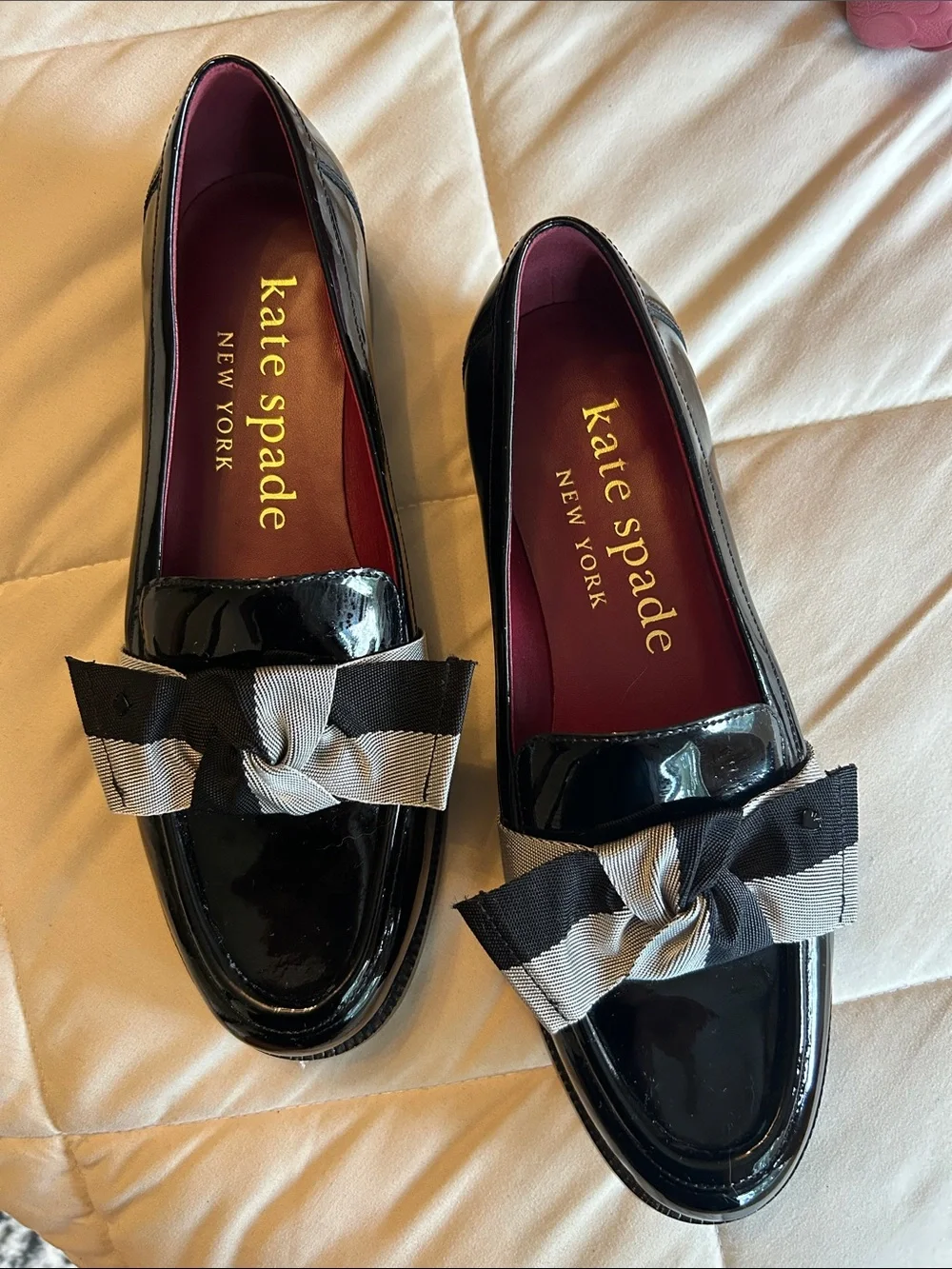 kate spade Black Patent Loafers with Striped Grosgrain Bow